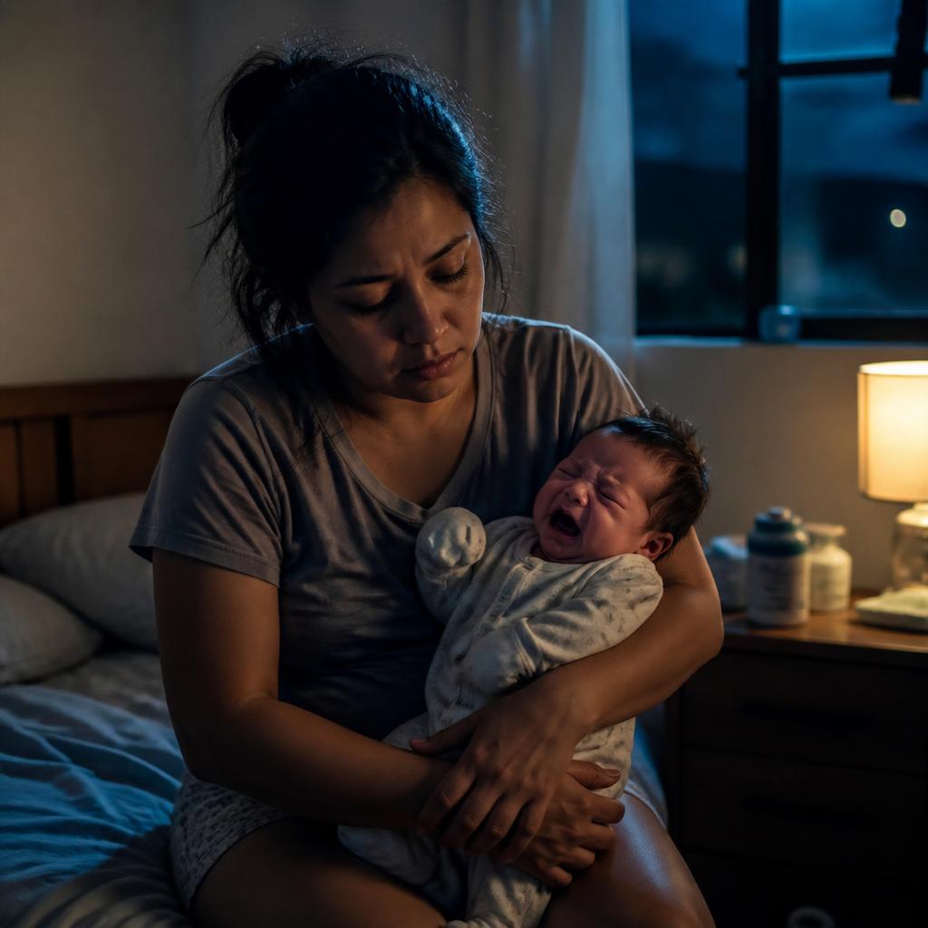 Mamá agotada con bebé llorando de noche en la cama